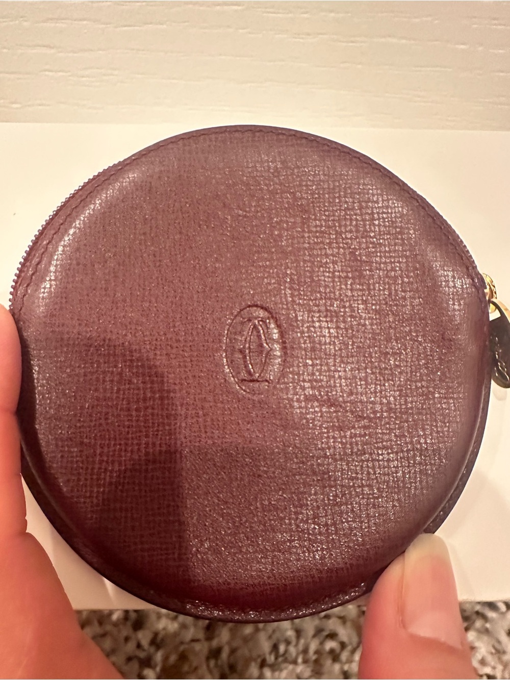 Cartier Burgundy Leather Coin Pouch with Embossed Logo
